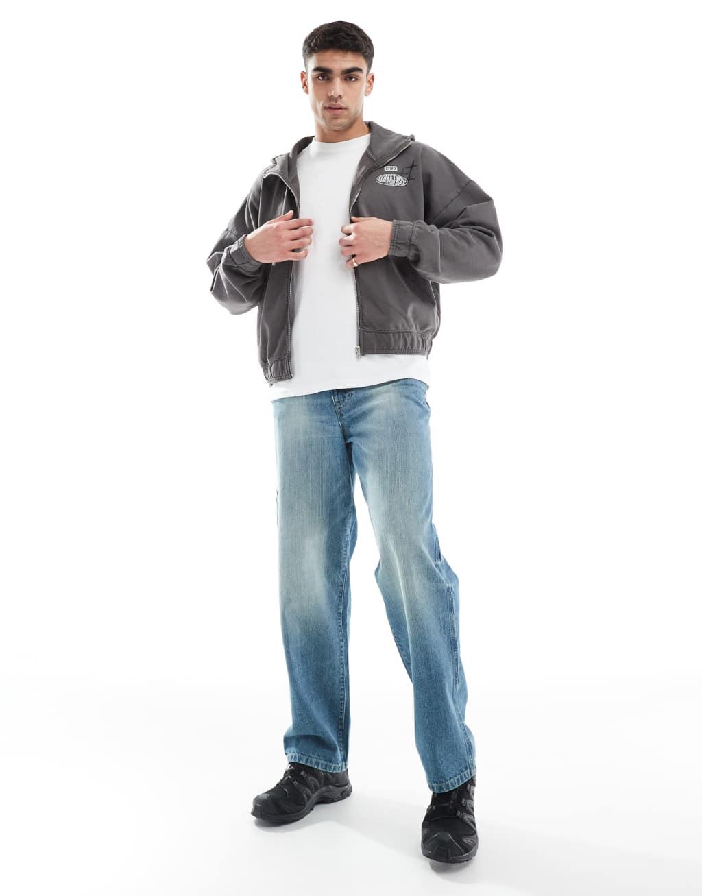 Pull&Bear zip through STWD hoodie in charcoal Product Image