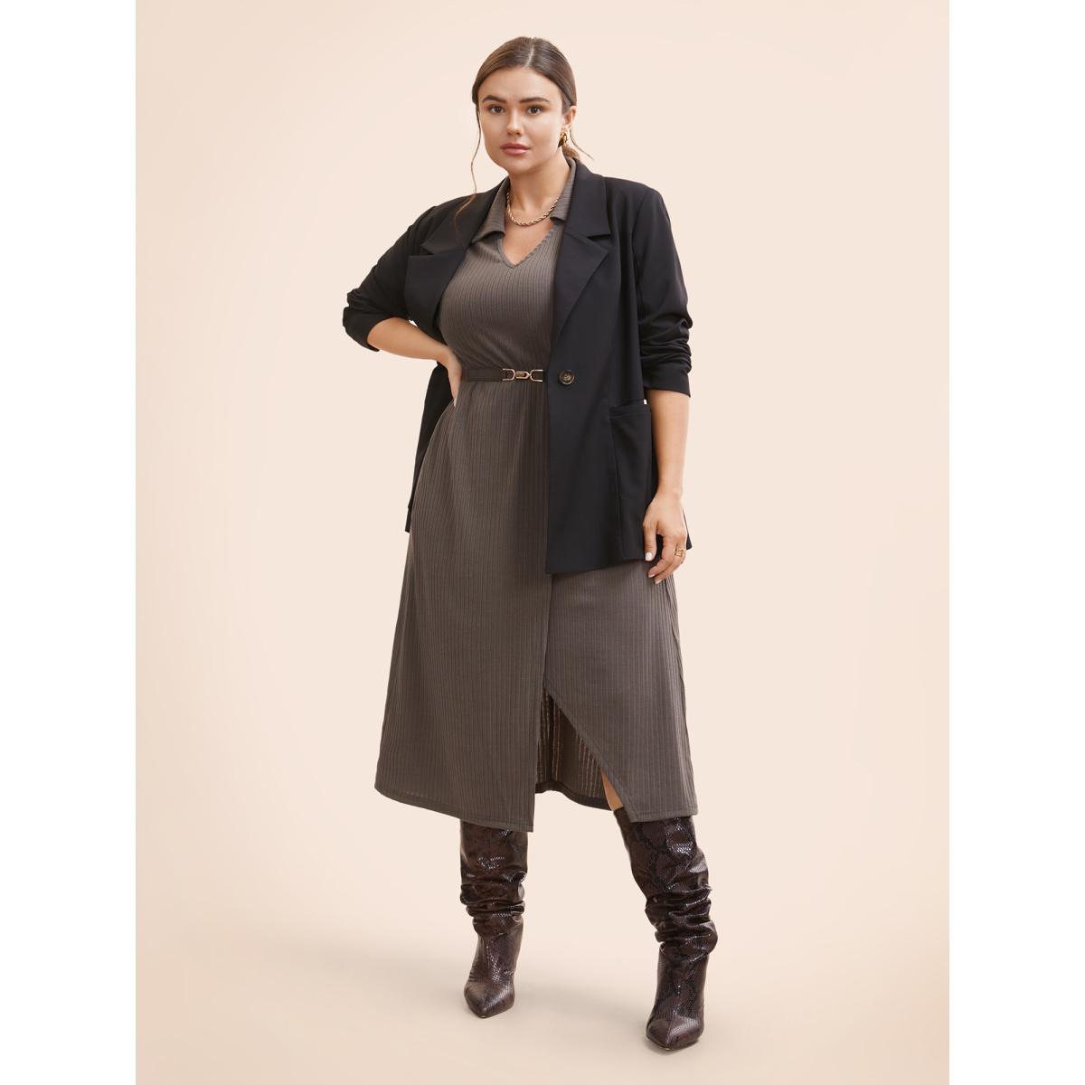 Plus Size Knitted Stretch Woven Wrap Midi Dress DimGray Women At the Office Texture Shirt collar Long Sleeve Curvy BloomChic 18-20/2X Product Image