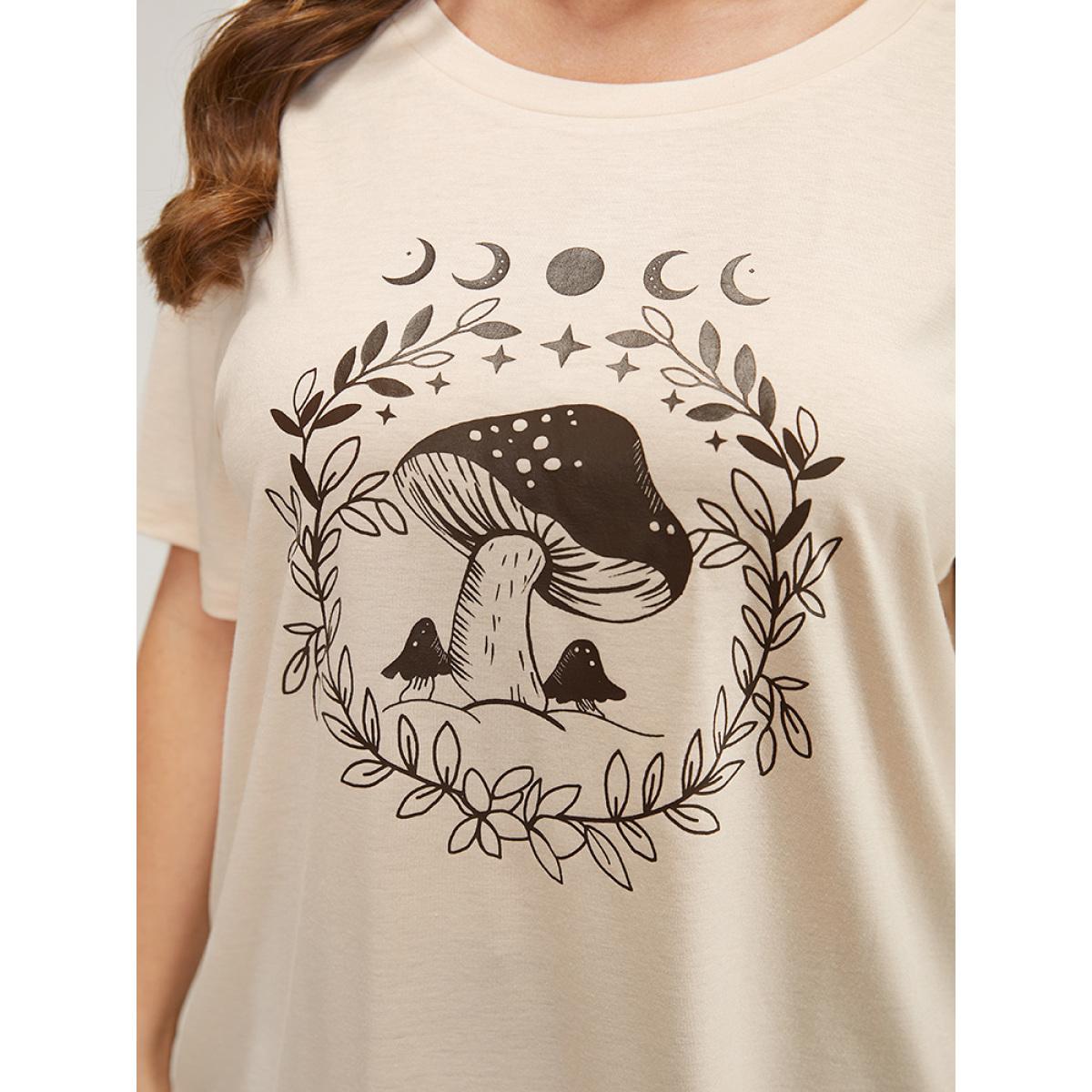 Plus Size Mushroom & Moon Print Short Sleeve Crew Neck T-shirt Apricot Women Casual Natural Flowers Dailywear T-shirts BloomChic 14-16/1X Product Image