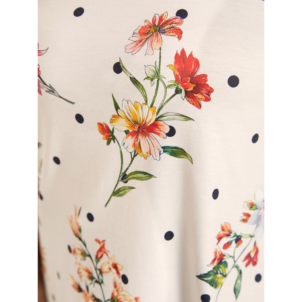 Plus Size Floral & Polka Dot Round Neck T-shirt Beige Women Elegant Floral Round Neck Dailywear T-shirts BloomChic 12/L Product Image