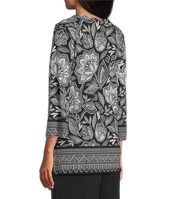 Allison Daley Petite Size Floral Beading 3/4 Sleeve V-Neck Knit Top Product Image