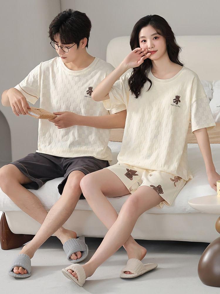 Couple Matching Pajama Set: Short-Sleeve Bear Print T-Shirt + Shorts Product Image