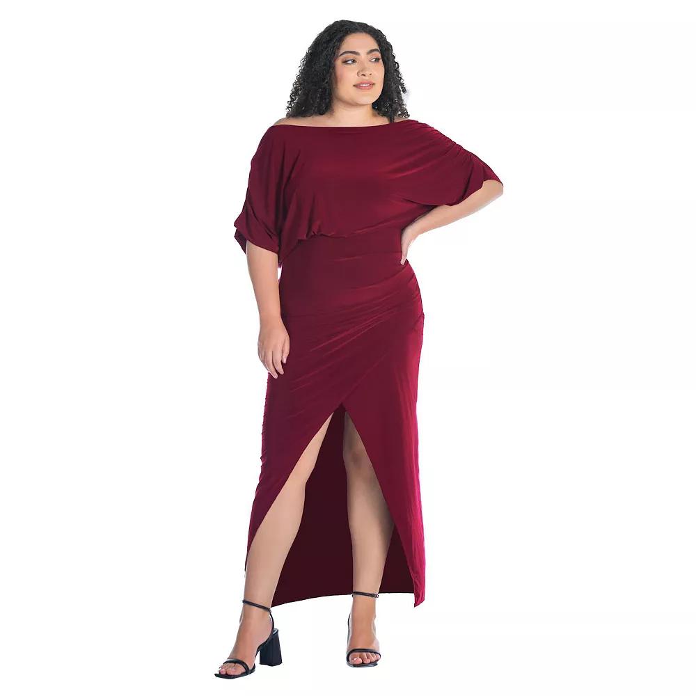 Plus Size 24Seven Comfort Apparel Boat Neck Batwing Sleeve Slit Maxi Dress, Women's, Size: 3XL, Red Product Image
