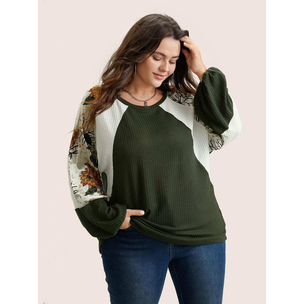Plus Size Waffle Knit Patchwork Floral Print T-shirt ArmyGreen Women Casual Velvet Floral Round Neck Everyday T-shirts BloomChic 10/M Product Image