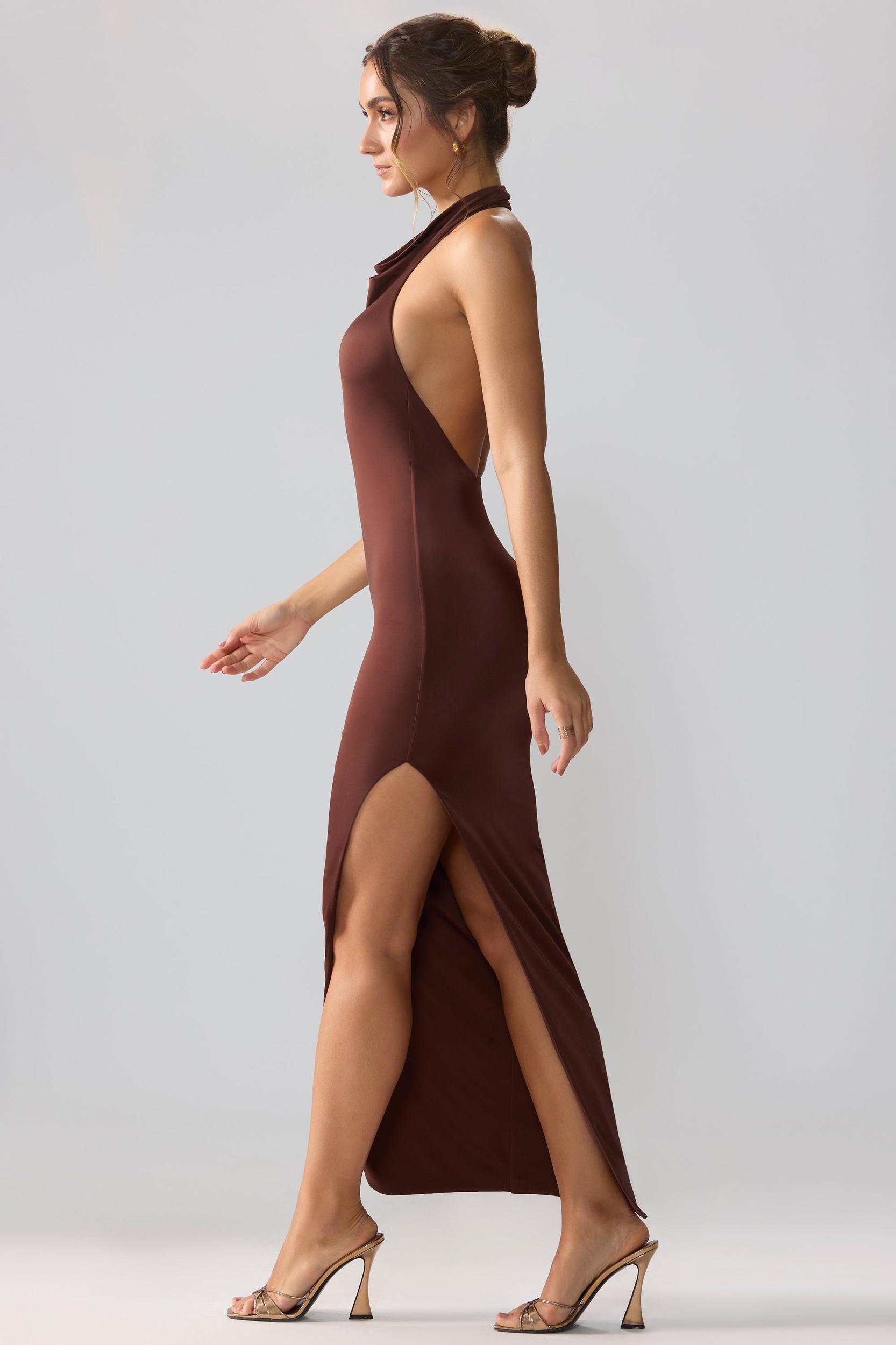 Premium Jersey Cowl Neck Backless Maxi Dress in Espresso Product Image
