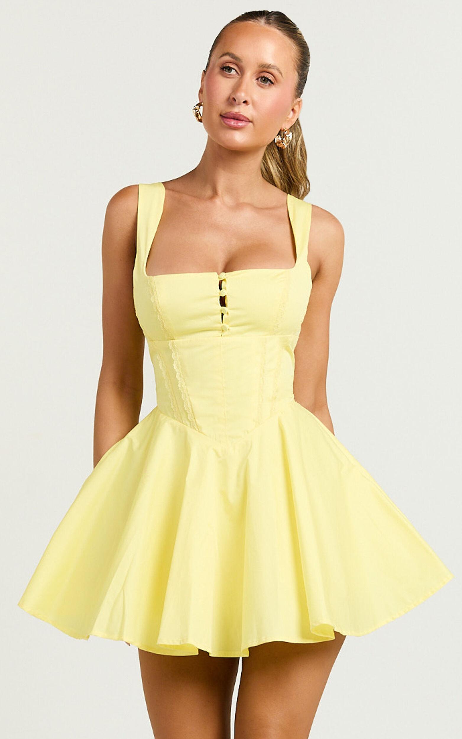 Indi Mini Dress - Square Neckline Lace Up Back Dress in Lemon Product Image