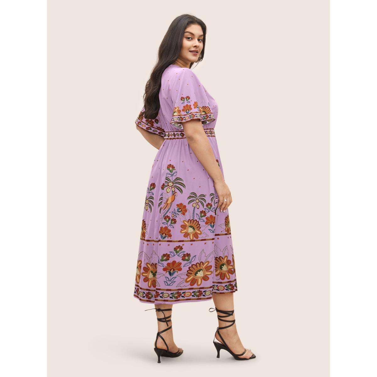 Plus Size Bandana Print Surplice Neck Flutter Sleeve Dress Lilac Women Resort Non V-neck Short sleeve Curvy Midi Dress BloomChic 12/L Product Image