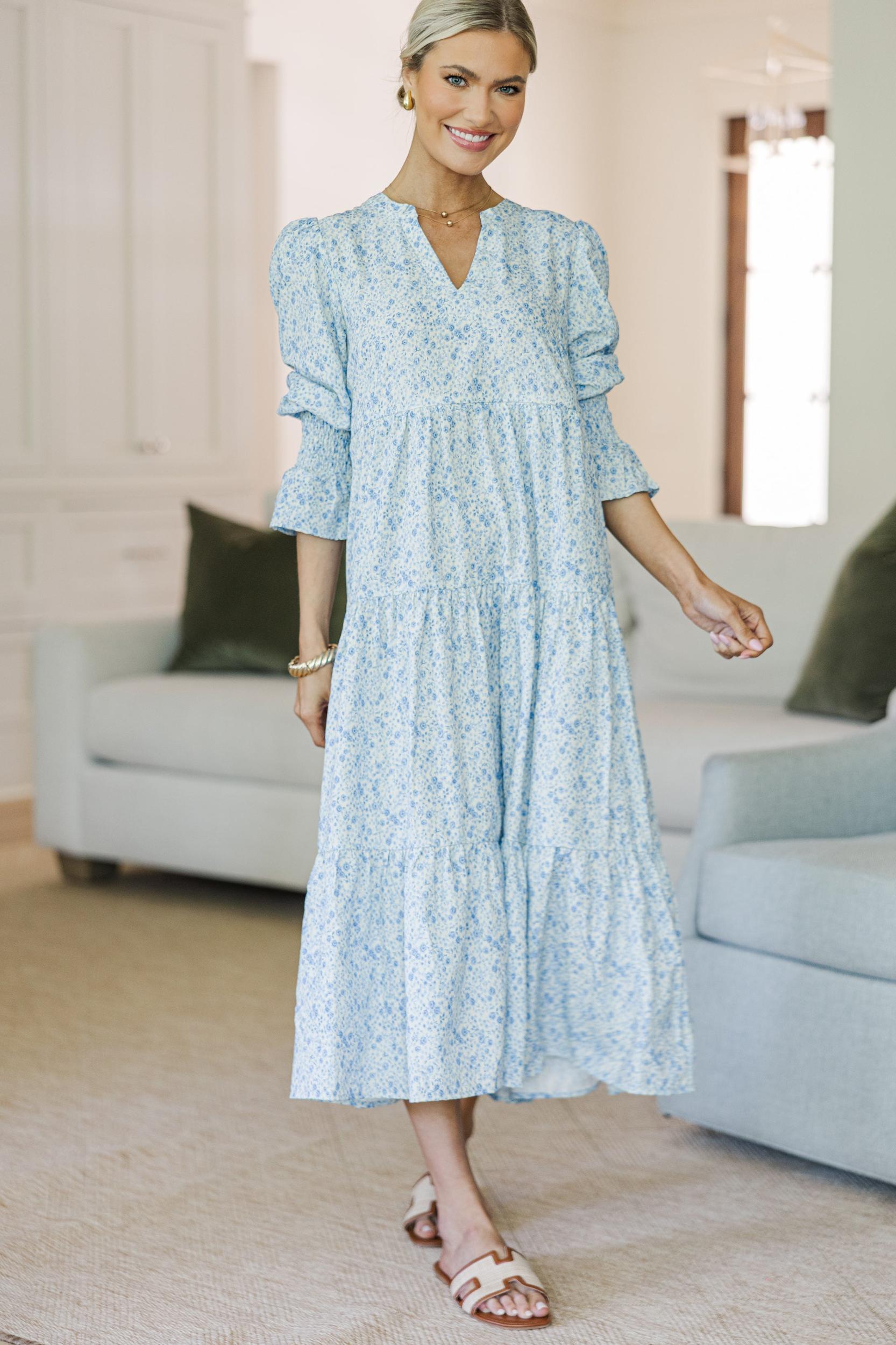 NURSING COLLECTION: What A Surprise Blue Ditsy Floral Tiered Midi Dress Female Product Image