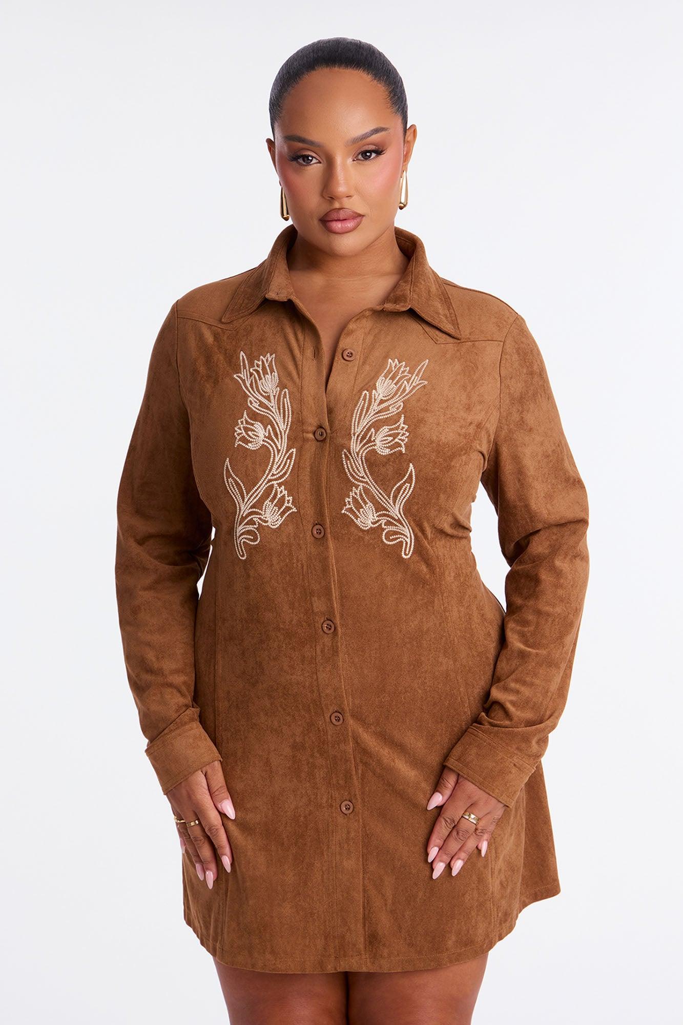 Clara Embroidered Suede Mini Dress - Camel Product Image