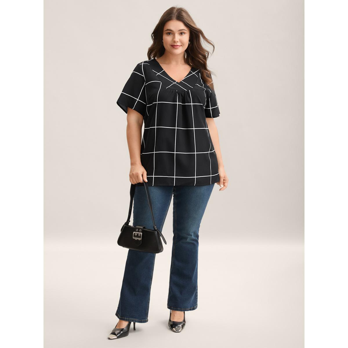 Plus Size Black Plaid Crumpled V-Neck Fitted Shirt Women At the Office Short sleeve Overlap Collar Work Blouses BloomChic 22-24/3X Product Image