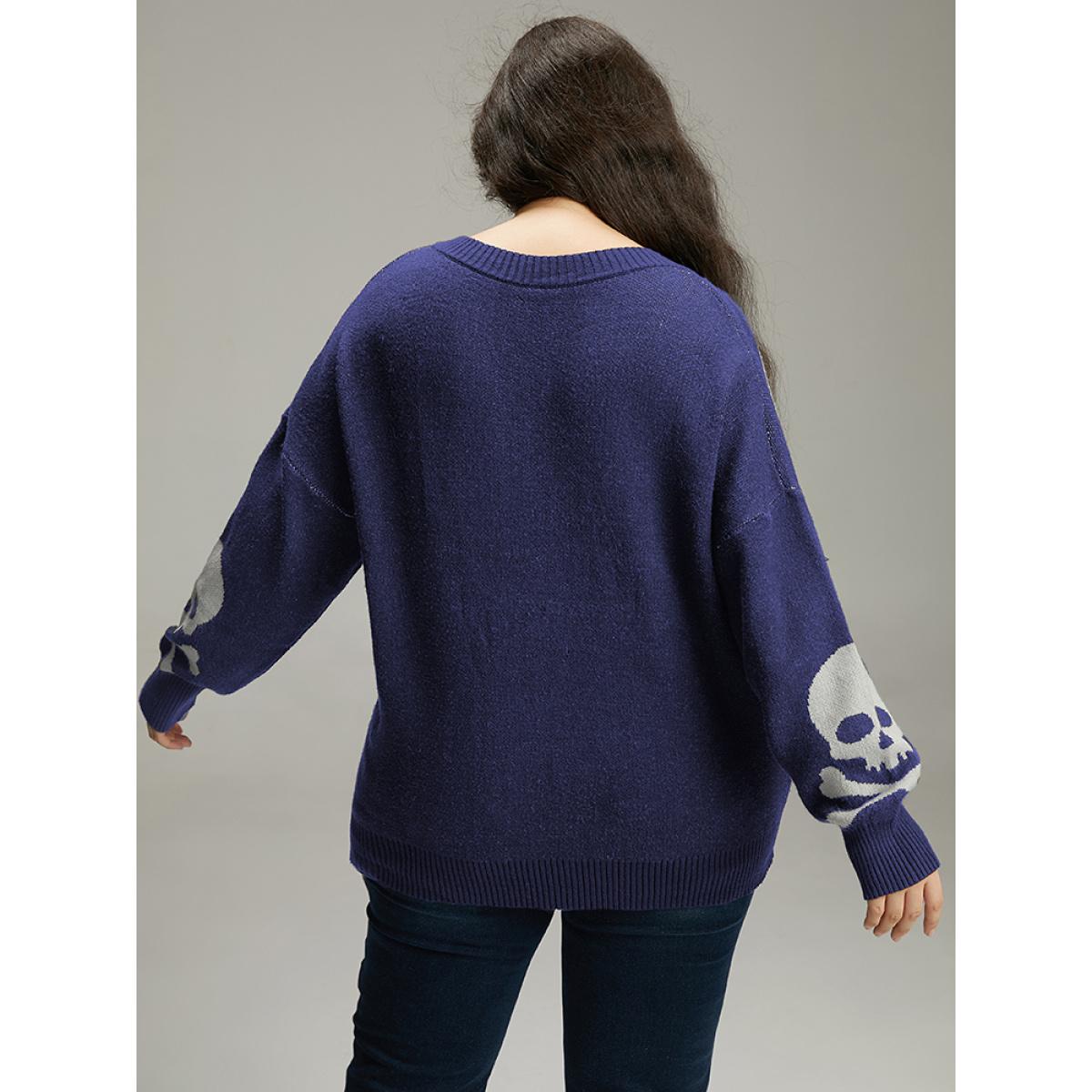 Plus Size Supersoft Essentials Halloween Skull Print V Neck Pullover Indigo Women Casual Long Sleeve V-neck Festival-Halloween Pullovers BloomChic 12/L Product Image