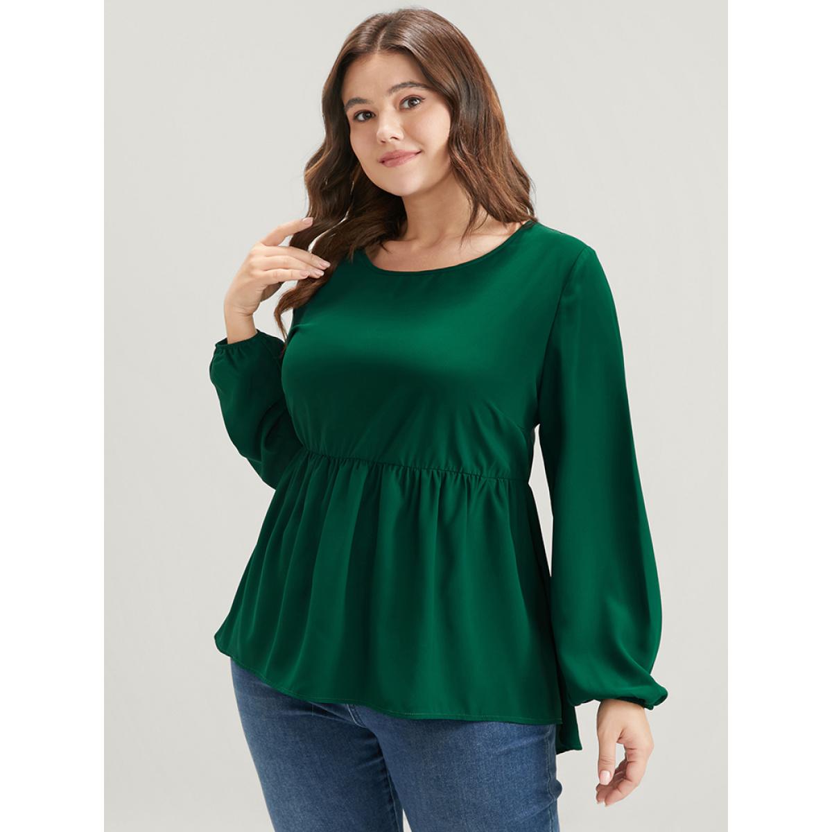Plus Size DarkGreen Solid Lantern Sleeve High Low Hem Flutter Blouse Women Elegant Long Sleeve Round Neck Dailywear Blouses BloomChic 18-20/2X Product Image