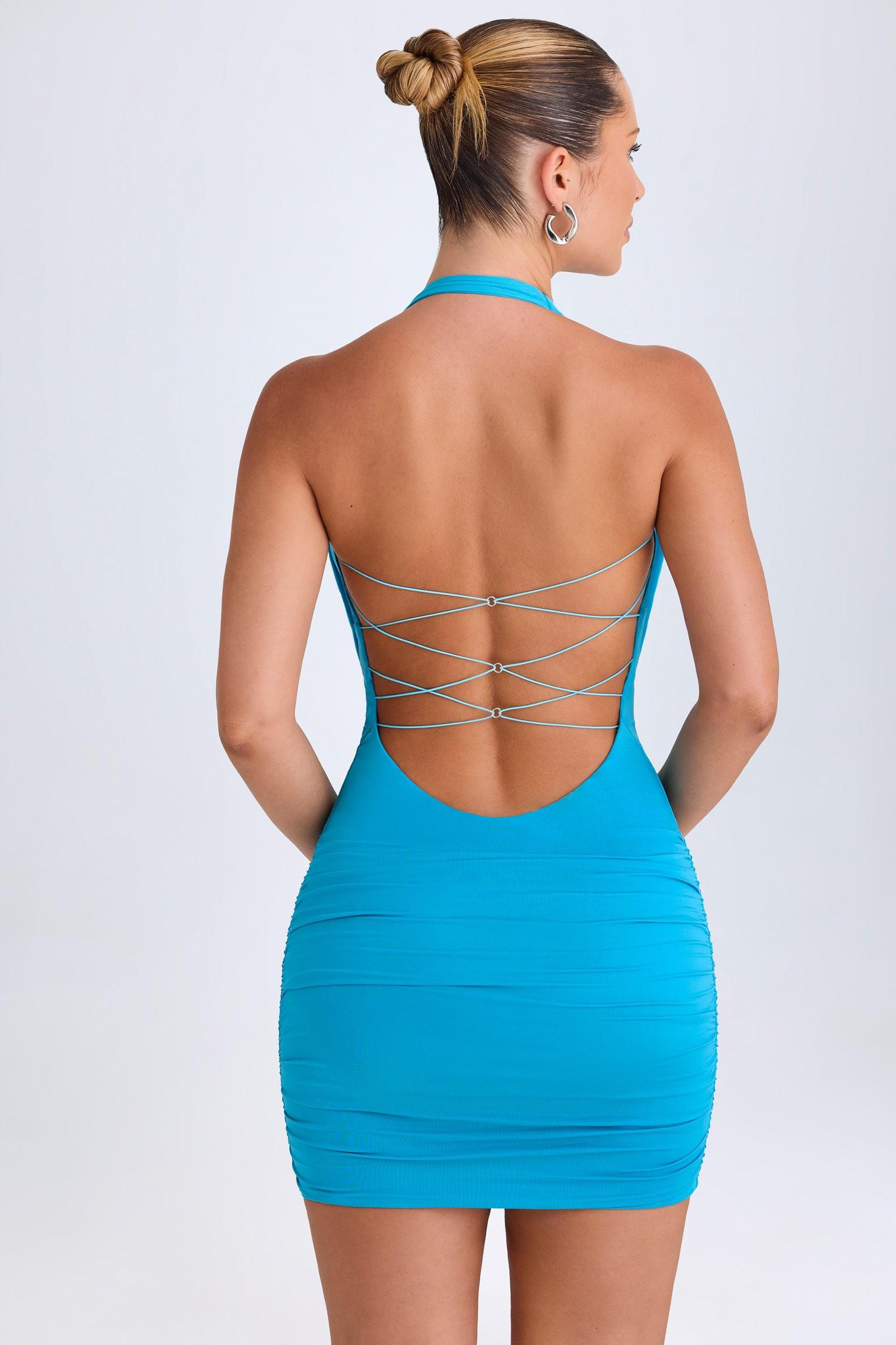 Hardware Detail Cut-Out Cowl-Neck Mini Dress in Aqua Blue Product Image