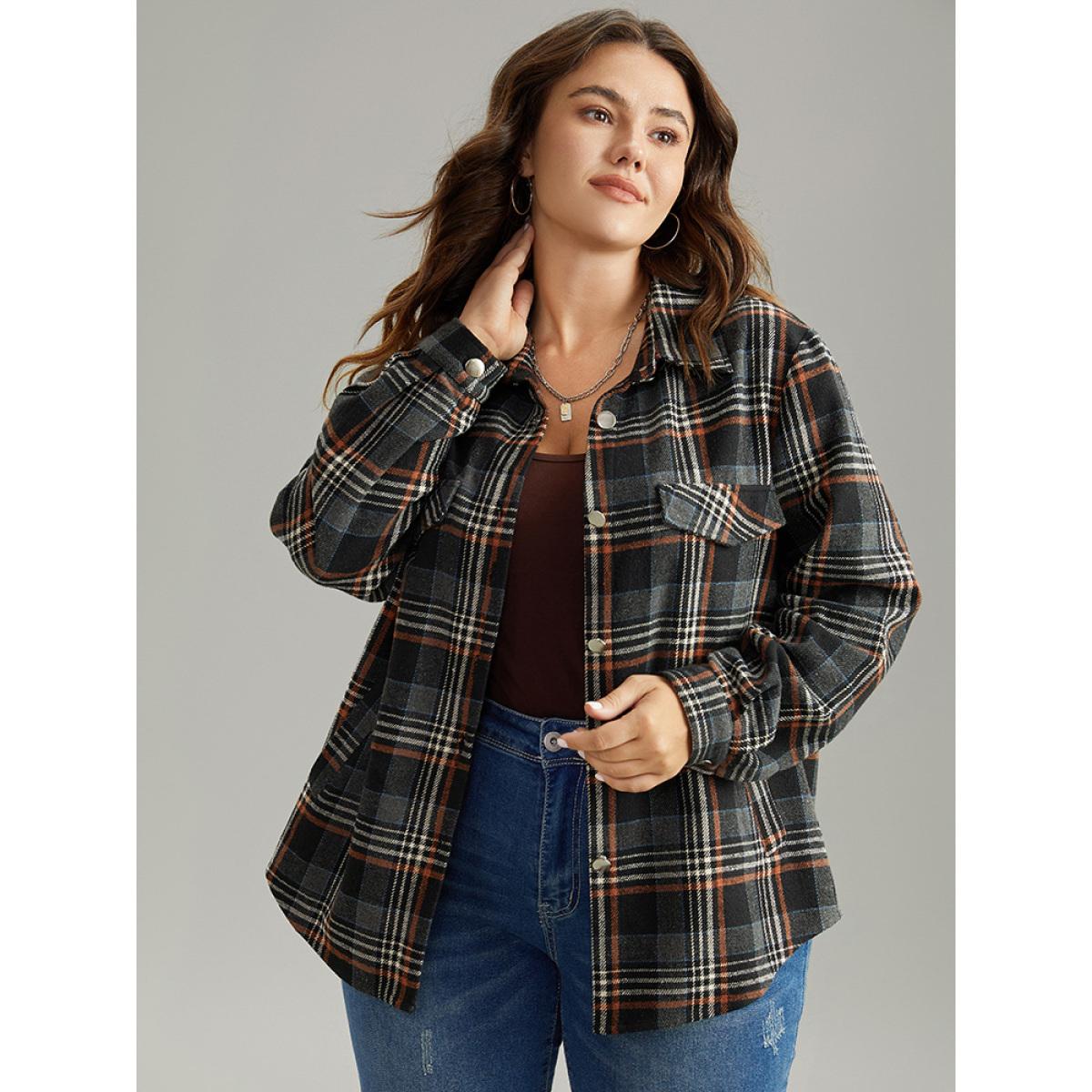 Plus Size Plaid Button Fly Flap Pocket Shacket Women Black Contrast Pocket Dailywear Jackets BloomChic 14-16/1X Product Image