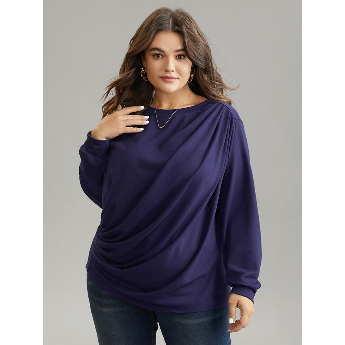 Plus Size Plain Pleated Round Neck Slightly Stretchy Sweatshirt Women Eggplant Casual Plain Round Neck Everyday Sweatshirts BloomChic 22-24/3X Product Image