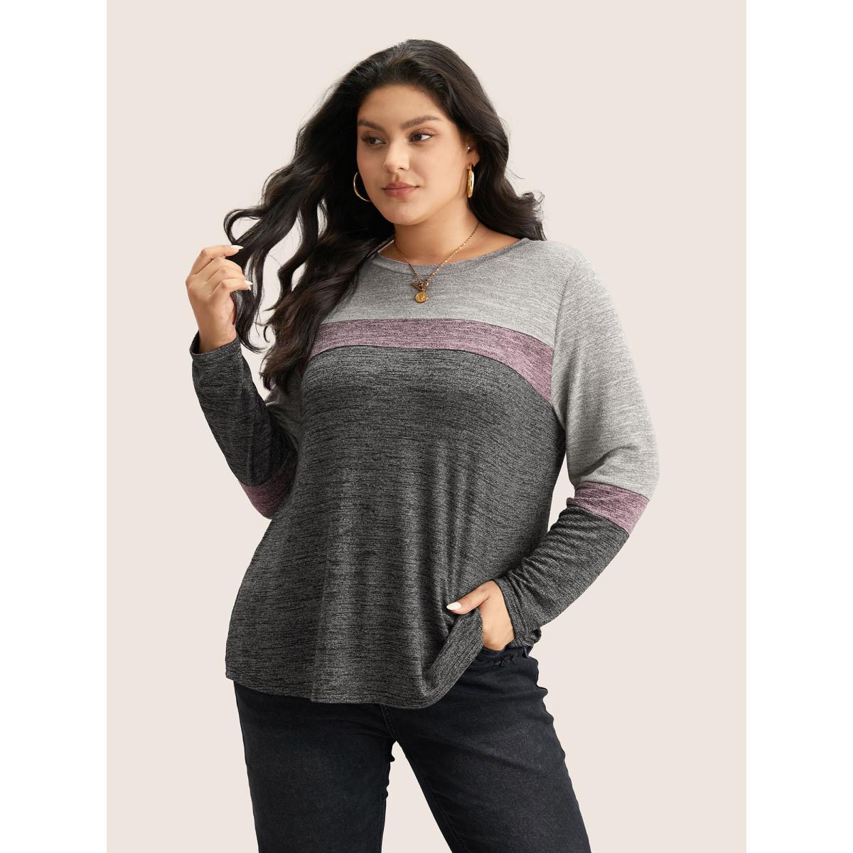 Plus Size Heather Colorblock Contrast Crew Neck T-shirt Multicolor Women Casual Texture Plain Round Neck Everyday T-shirts BloomChic 18-20/2X Product Image