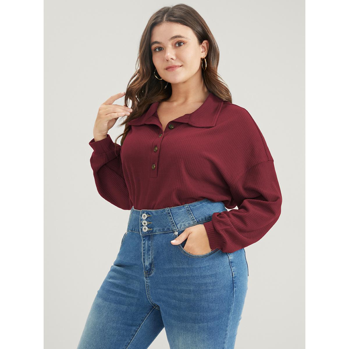 Plus Size Solid Half Button Drop Shoulder Rib Knit Sweatshirt Women Burgundy Casual Button Lapel Collar Dailywear Sweatshirts BloomChic 10/M Product Image