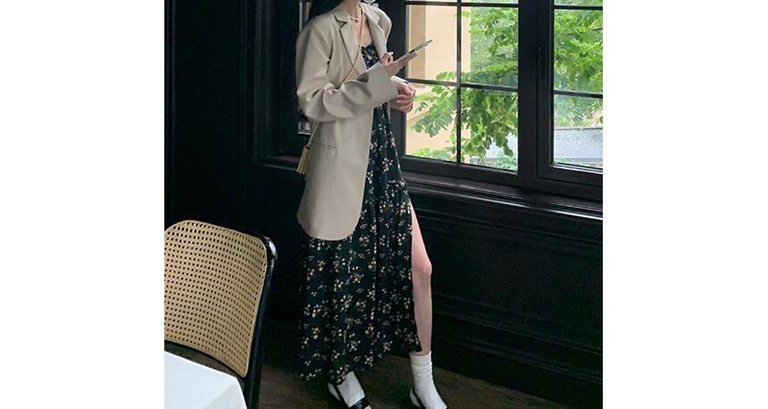 Spaghetti Strap Floral Slit Midi A-Line Sundress Product Image