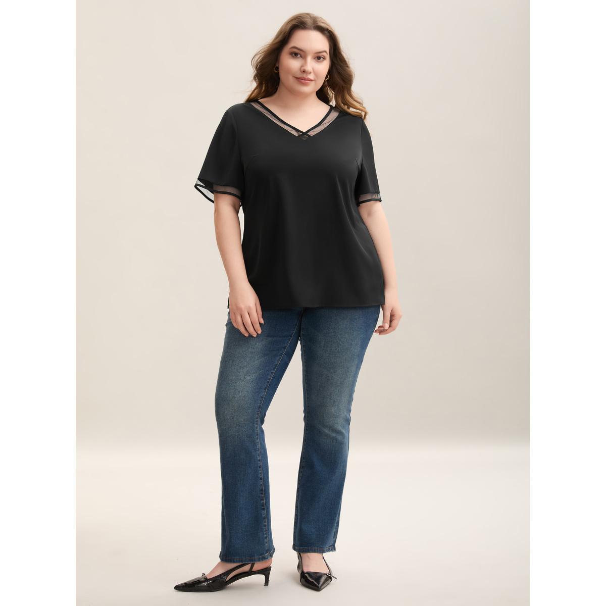 Plus Size Black Sheer Spliced Mesh V-Neck Top Women Elegant Short sleeve V-neck Everyday Blouses BloomChic 22-24/3X Product Image