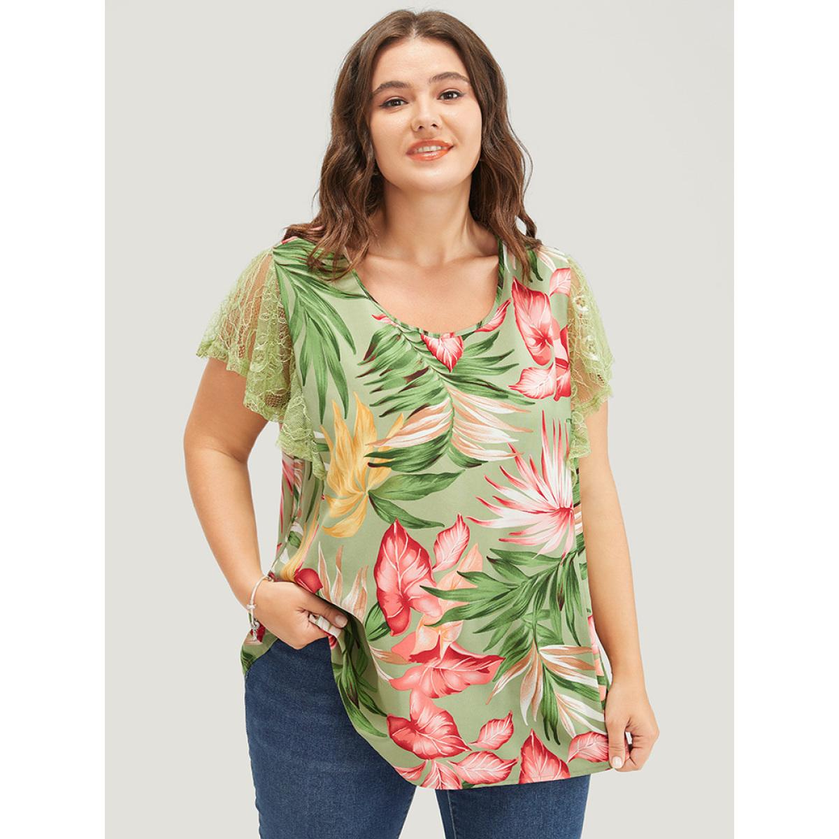 Plus Size Emerald Plant Print Mesh Ruffle Sleeve Blouse Women Elegant Short sleeve Round Neck Dailywear Blouses BloomChic 12/L Product Image