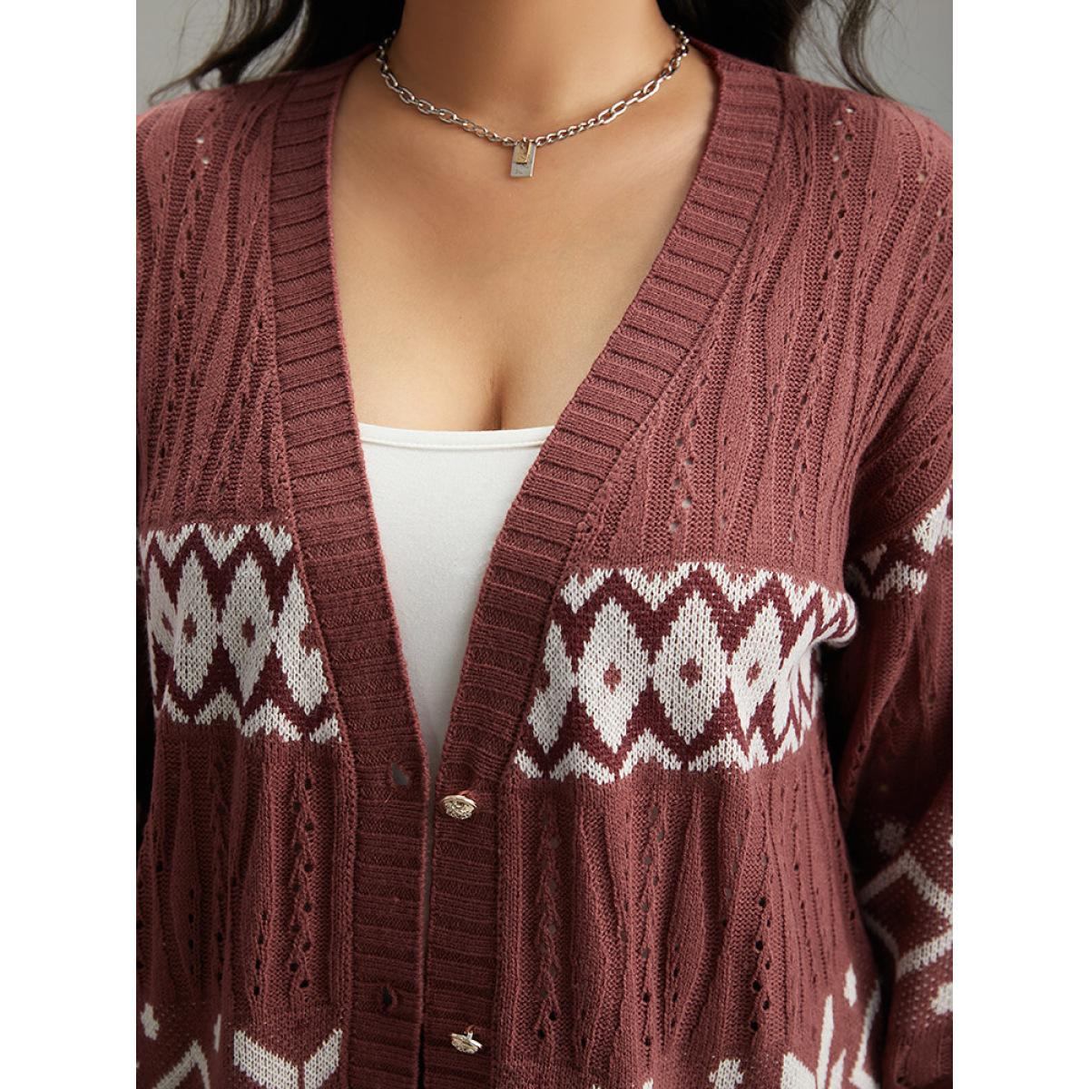 Plus Size Bandana Print Eyelet Metal Button Fly Cardigan Rust Women Casual Loose Long Sleeve Dailywear Cardigans BloomChic 30/6X Product Image