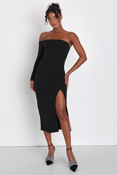 Modern Stunner Black One-Shoulder Bodycon Midi Dress Product Image