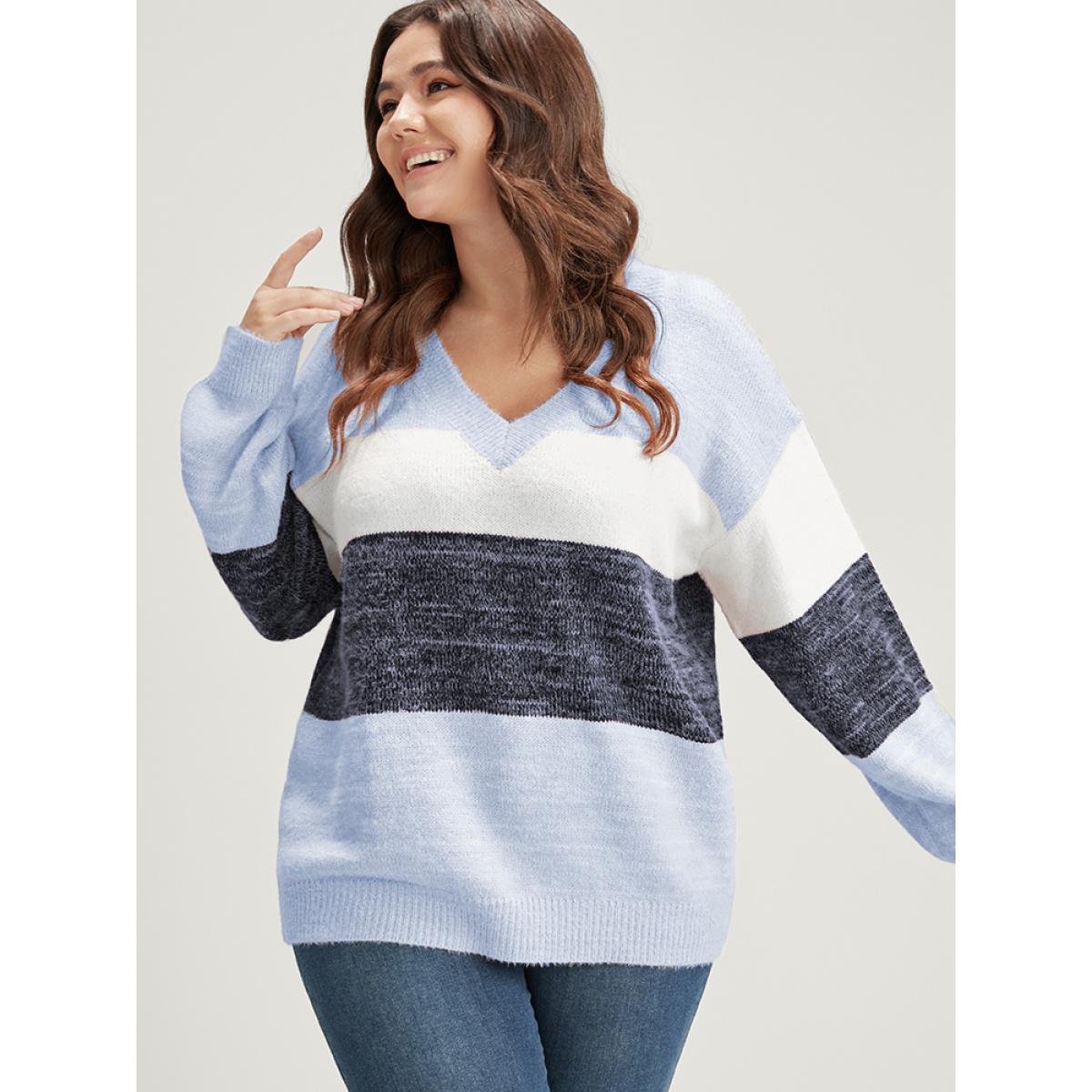 Plus Size Colorblock Contrast Super Soft Plush Knit V Neck Pullover LightBlue Women Elegant Loose Long Sleeve V-neck Dailywear Pullovers BloomChic 26/4X Product Image