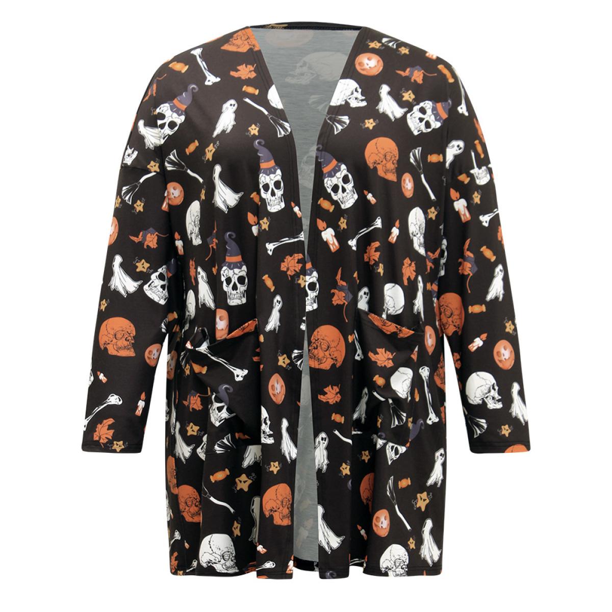 Plus Size Halloween Graphic Patched Pocket Tunic Kimono Women Black Casual Drape Pocket Dailywear Kimonos BloomChic 10/M Product Image