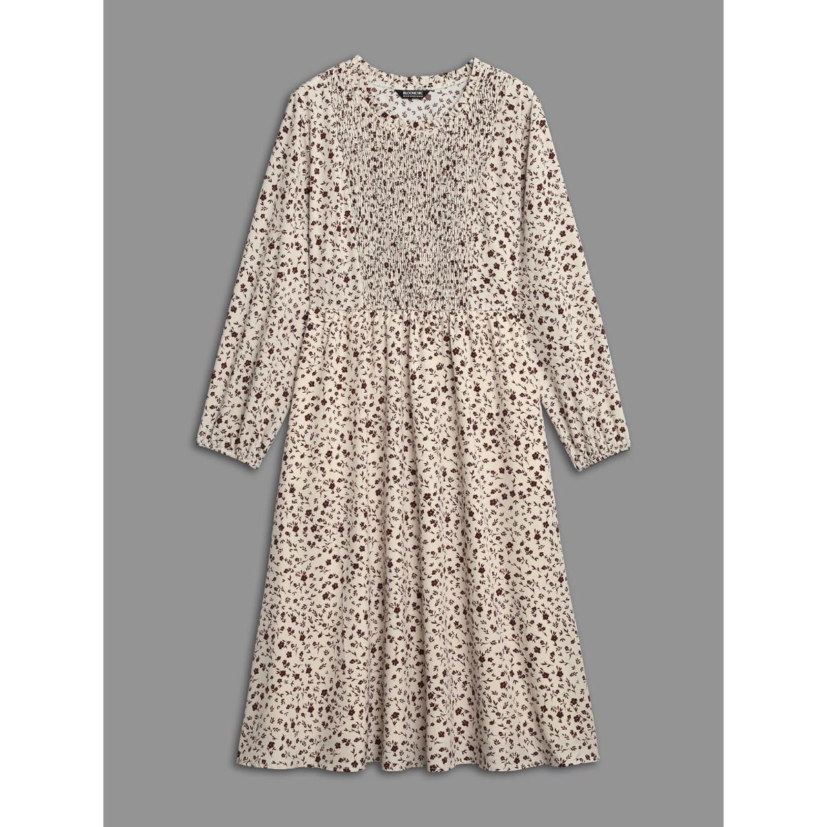 Plus Size Stretchy-Waist Printed Pockets Midi Dress Apricot Women Elegant Frill Trim Round Neck Long Sleeve Curvy BloomChic 22-24/3X Product Image