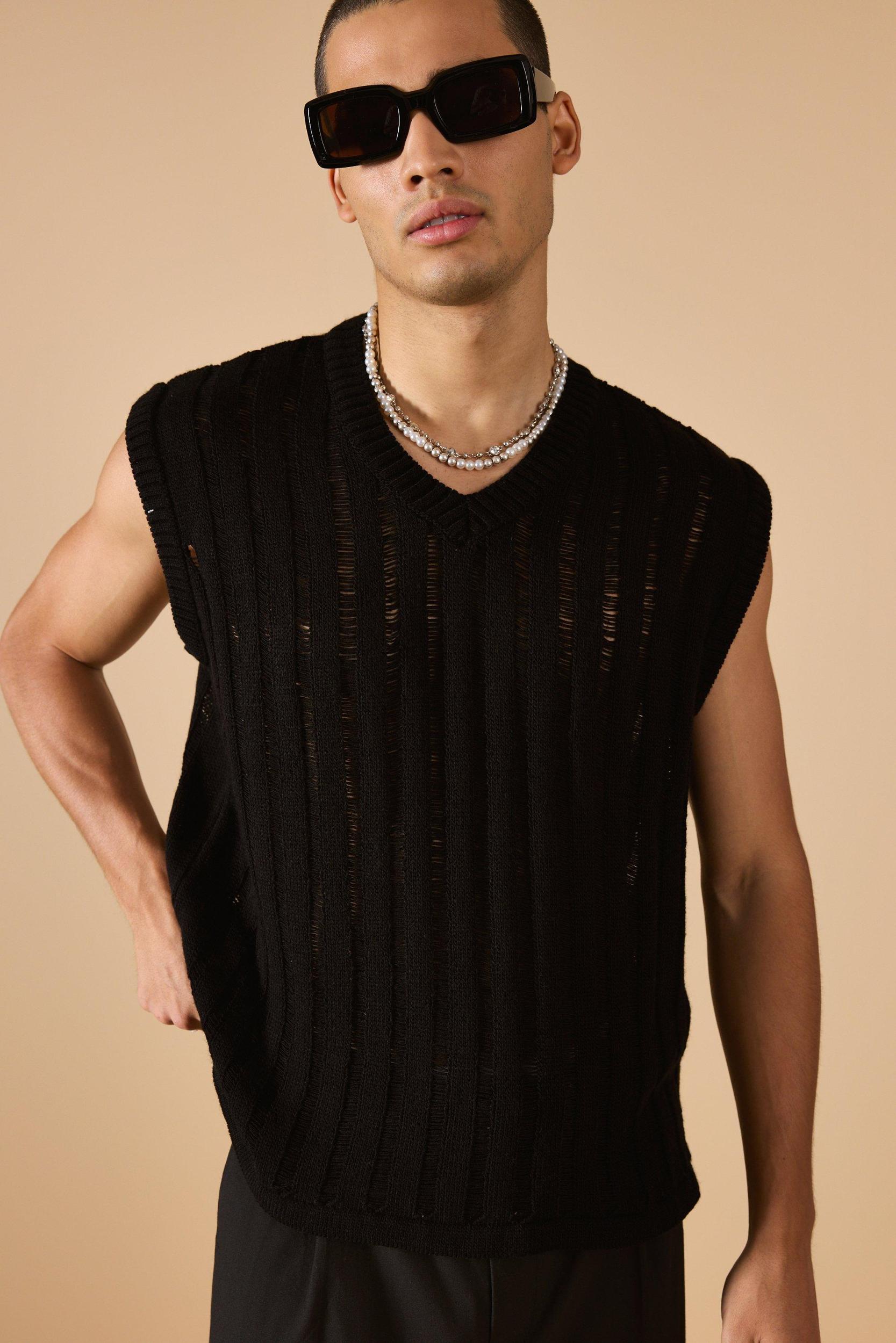 Regular Fit Open Stitch Undershirt In Black | boohooMAN USA Product Image