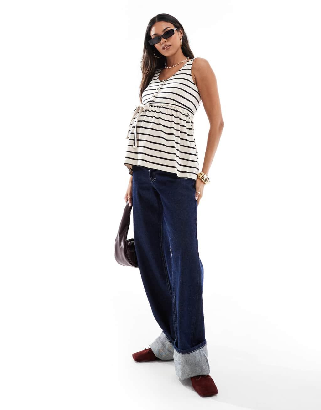 Mamalicious Maternity tank top with self tie in navy stripe Product Image