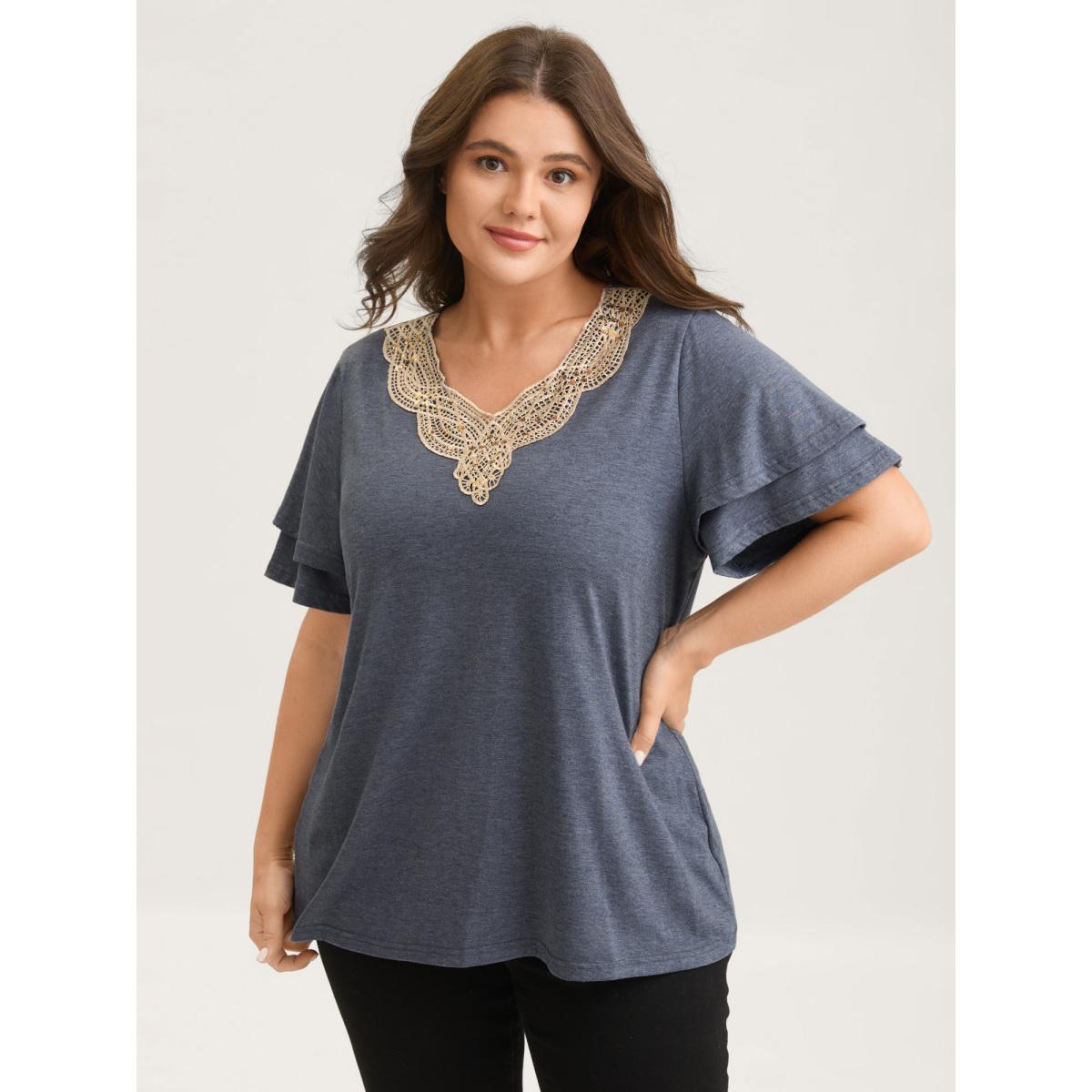 Plus Size Layered Sleeve Lace Neck Solid T-Shirt Stone Women Leisure Woven ribbon&lace trim V-neck Casual T-shirts BloomChic 28/5X Product Image