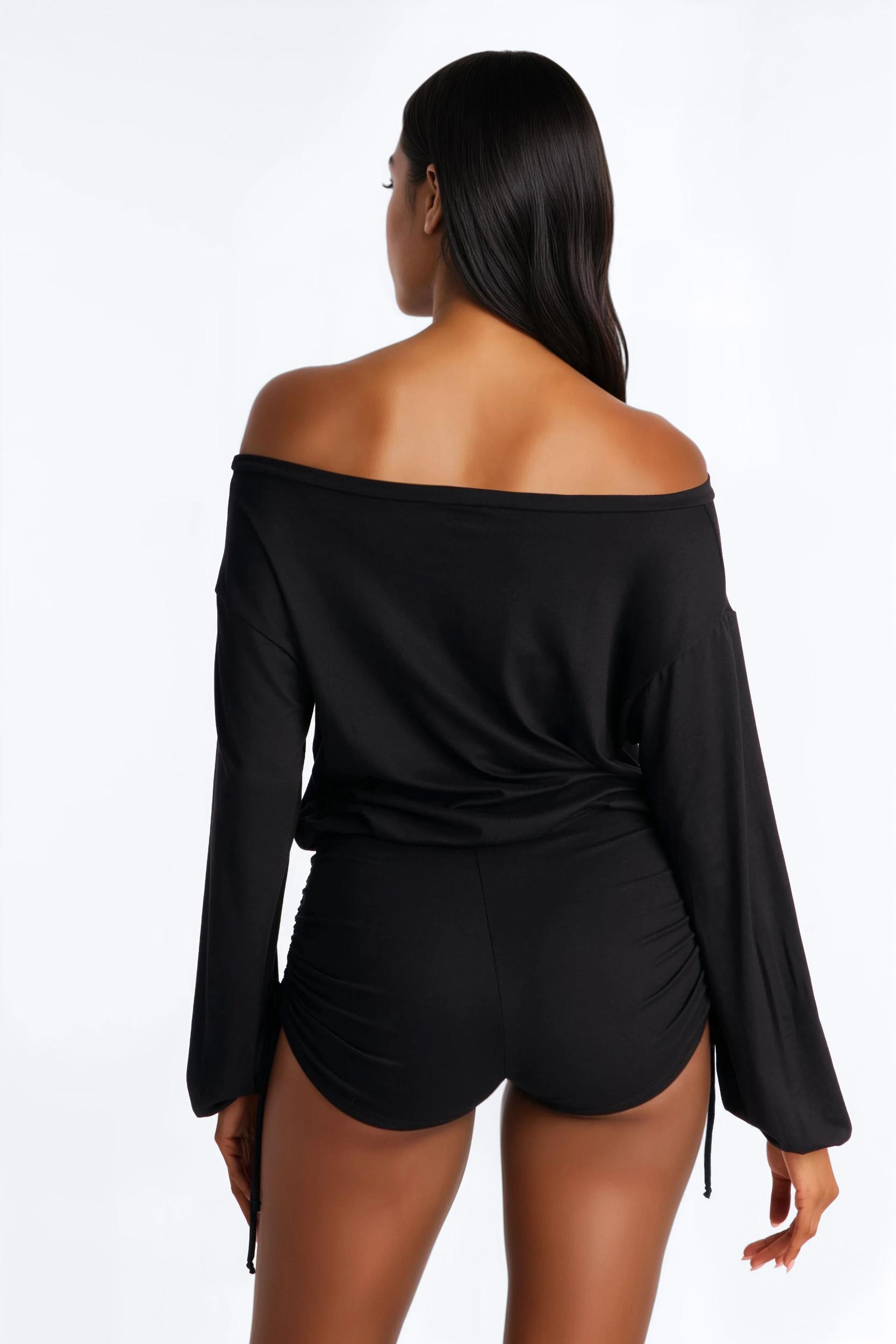 Melanie Ruched Off Shoulder Romper - Black Female Product Image