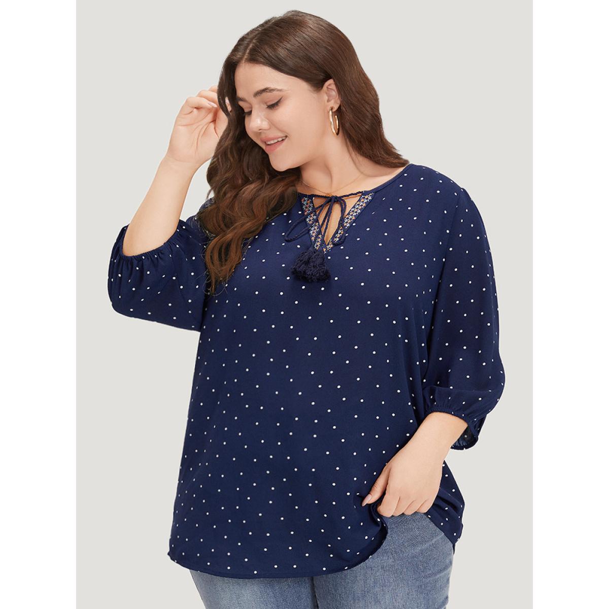 Plus Size Indigo Polka Dot Tassels Ties Elastic Cuffs Blouse Women Vacation Elbow-length sleeve V-neck Vacation Blouses BloomChic 30/6X Product Image