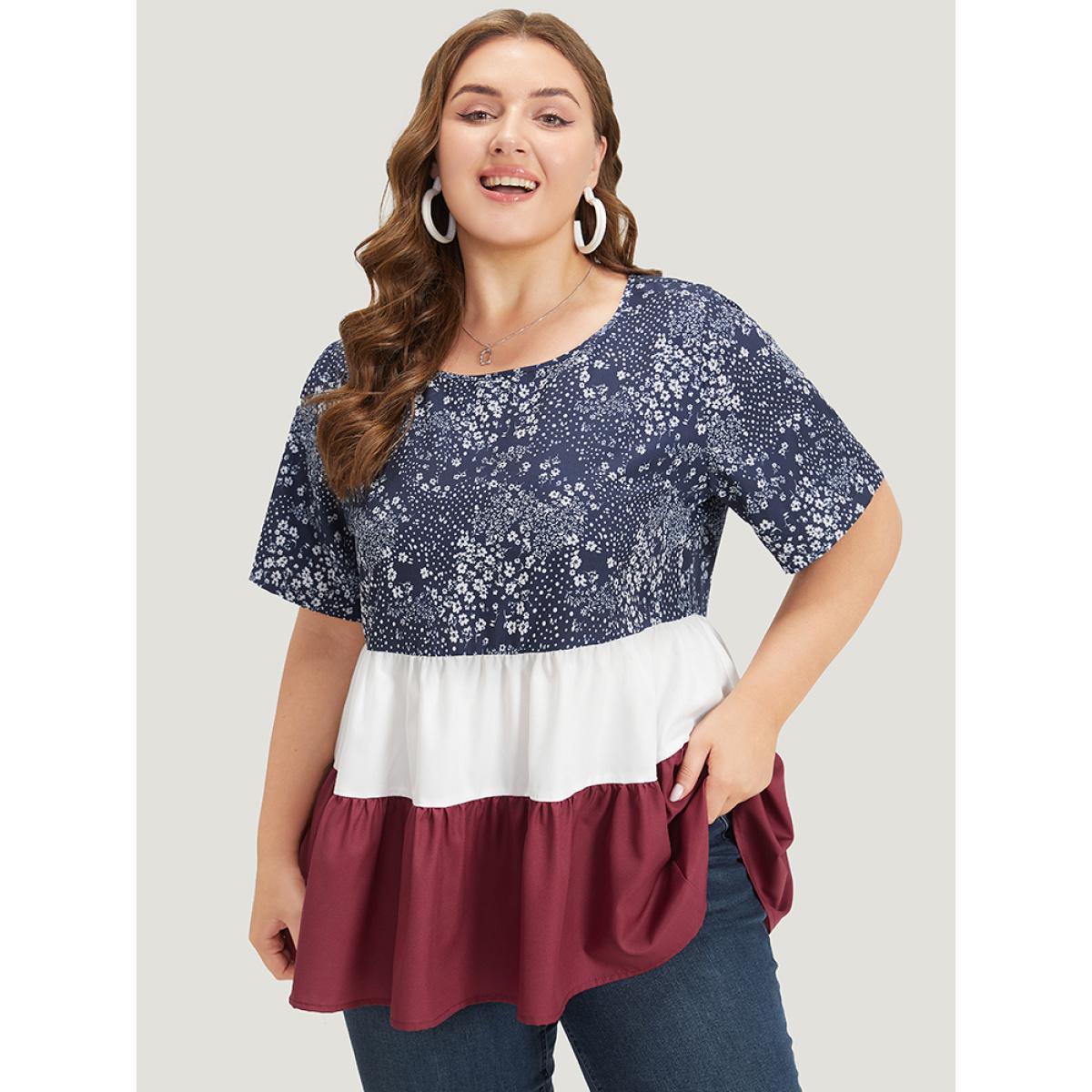 Plus Size Russet Star Patchwork Contrast Layered Hem Blouse Women Elegant Short sleeve Round Neck Everyday Blouses BloomChic 18-20/2X Product Image