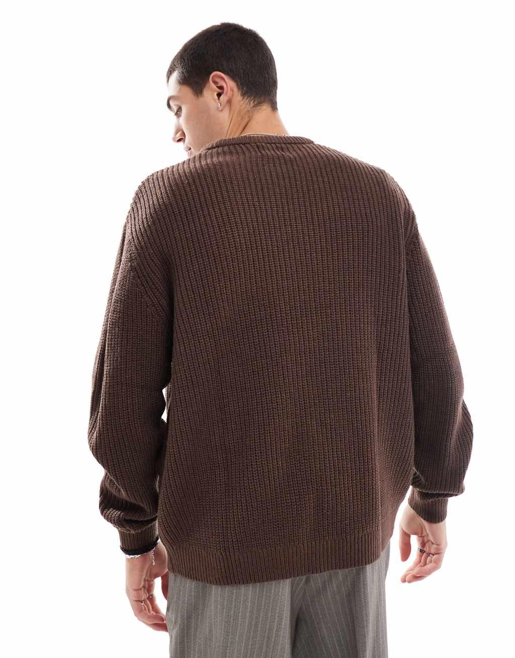ASOS DESIGN oversized knitted fisherman rib sweater in chocolate brown Product Image