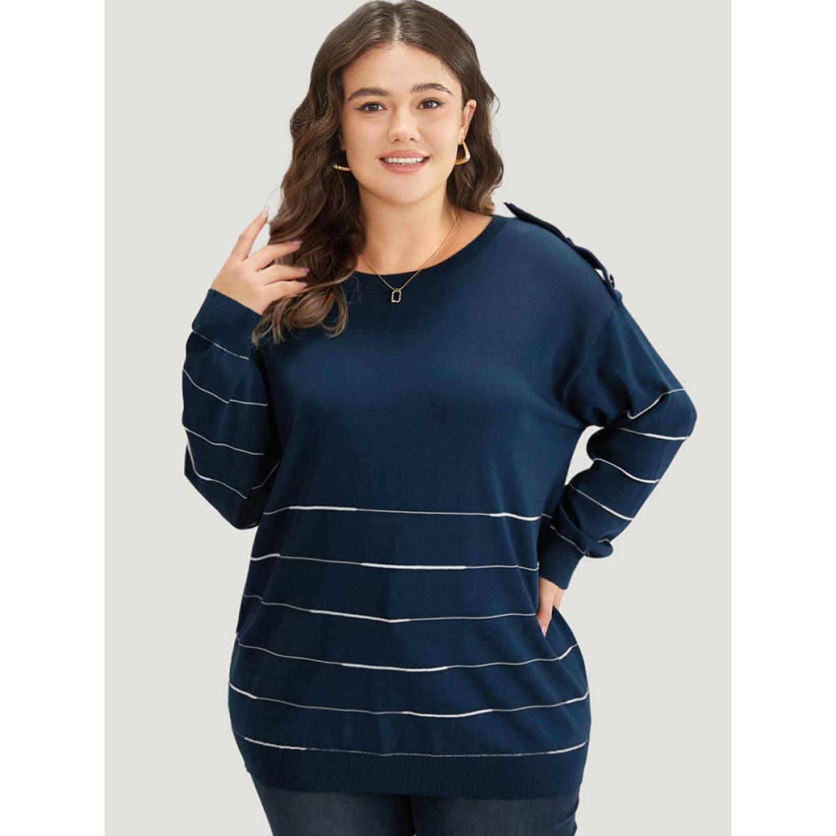 Plus Size Striped Metal Button Detail Elastic Cuffs Pullover Navy Women Casual Loose Long Sleeve Round Neck Everyday Pullovers BloomChic 12/L Product Image