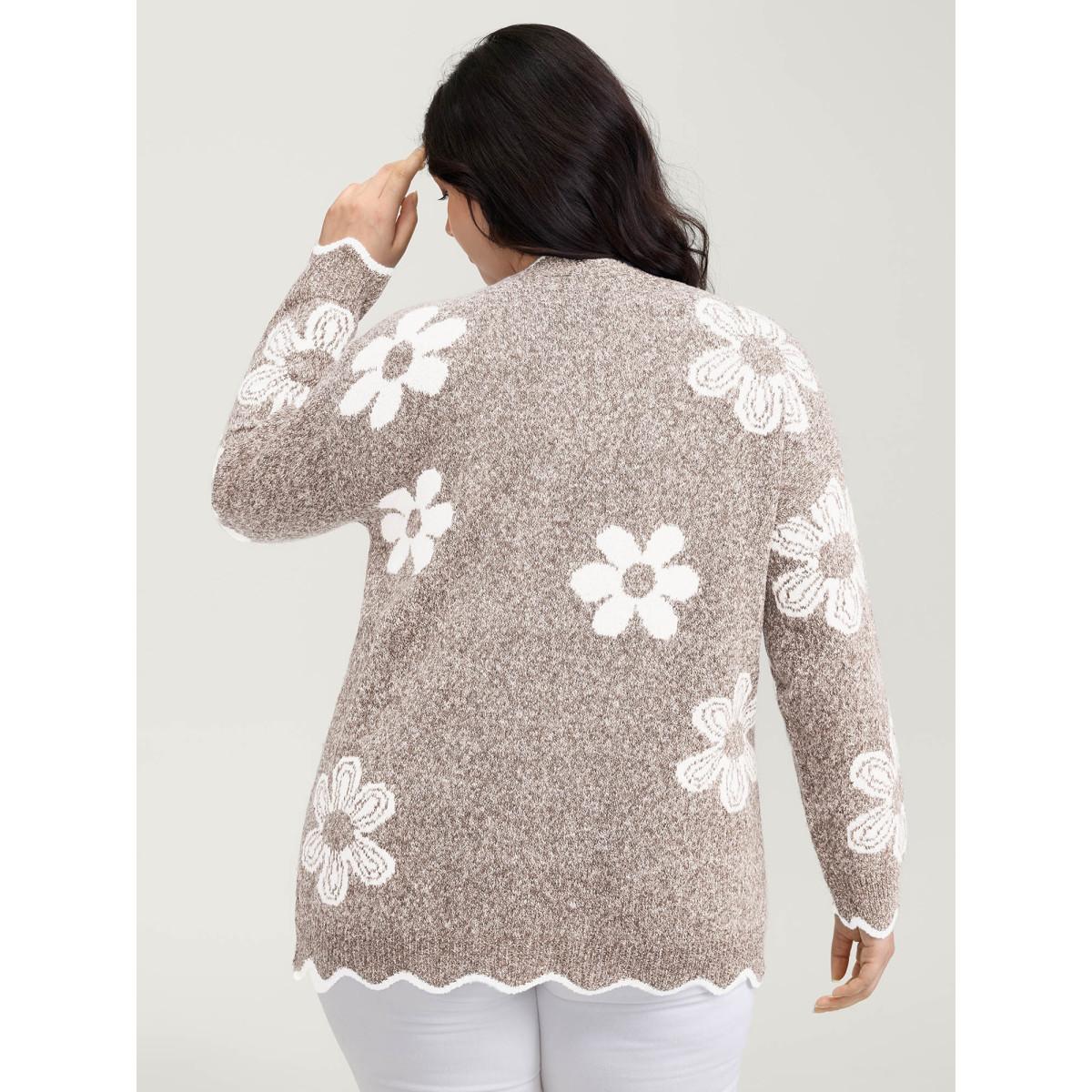 Plus Size Floral Pattern Open-Front Knitted Cardigan Champagne Women Playful Loose Long Sleeve Casual Cardigans BloomChic 22-24/3X Product Image
