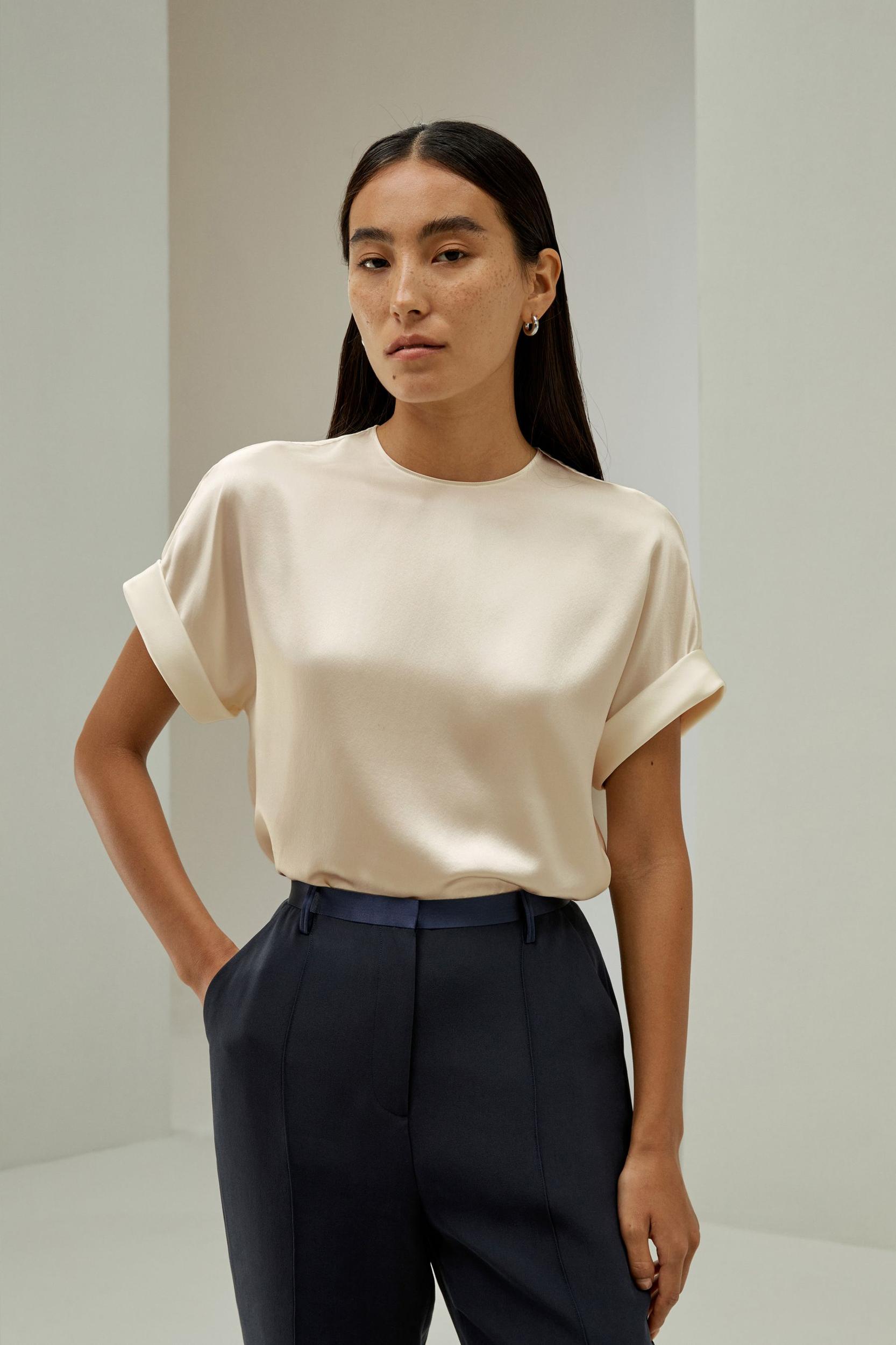 Obliuque Sleeves Round Neck Silk Tee Product Image