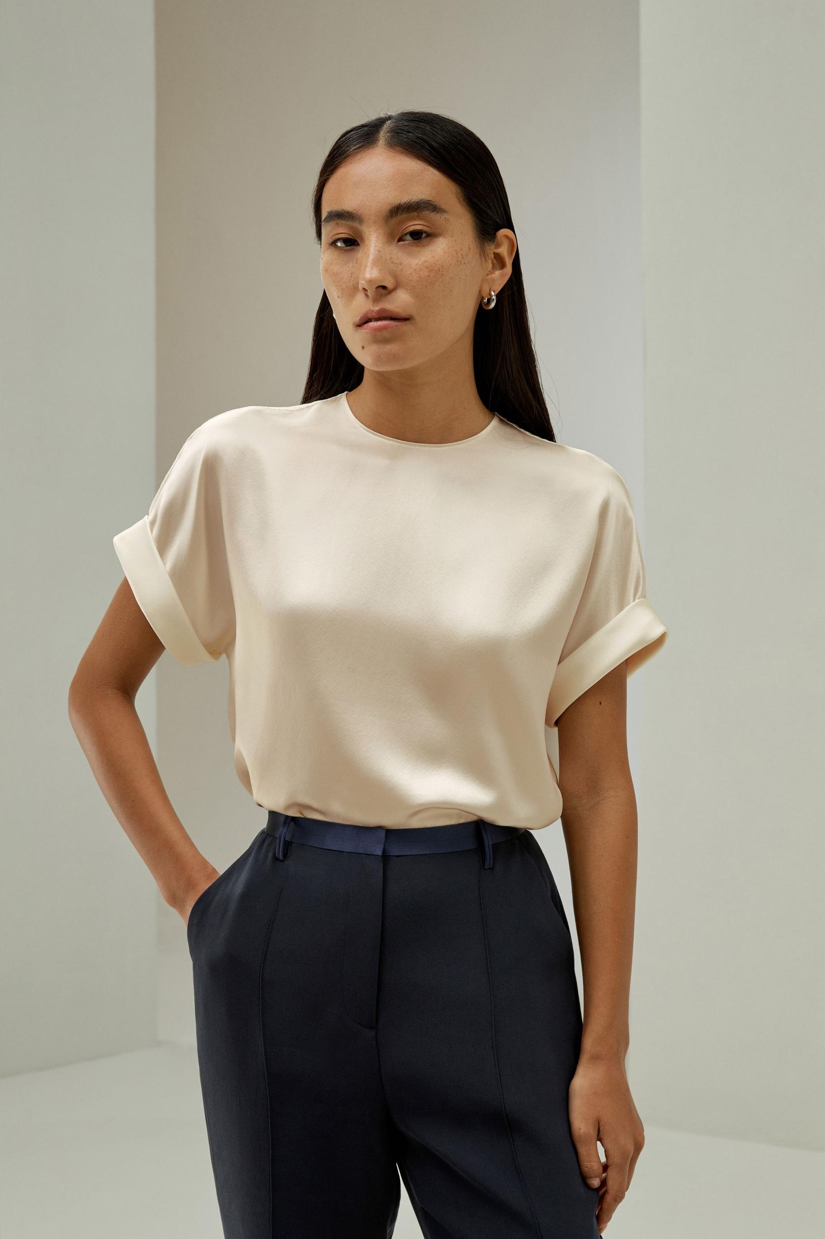 Obliuque Sleeves Round Neck Silk Tee Product Image