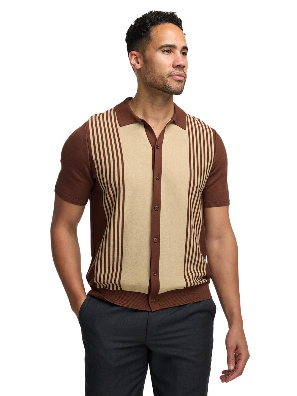 Cotton Three Button Front Polo - Brown Product Image