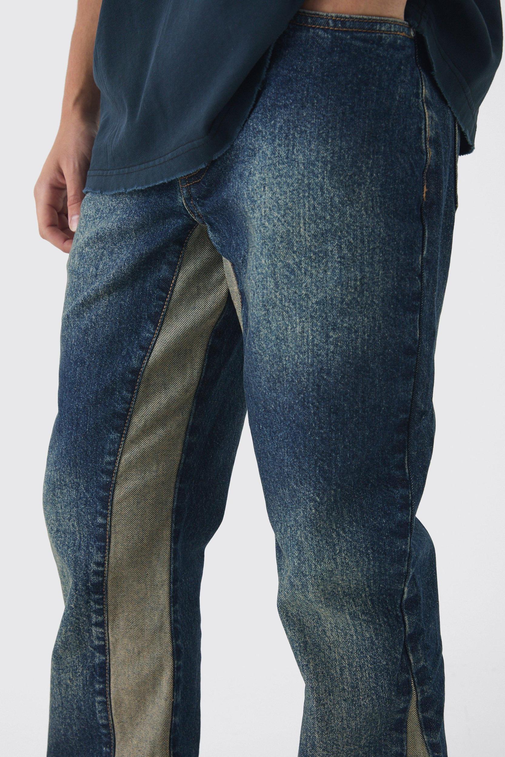 Slim Rigid Flare Distressed Gusset Panel Acid Washed Denim Jeans | boohooMAN USA Product Image