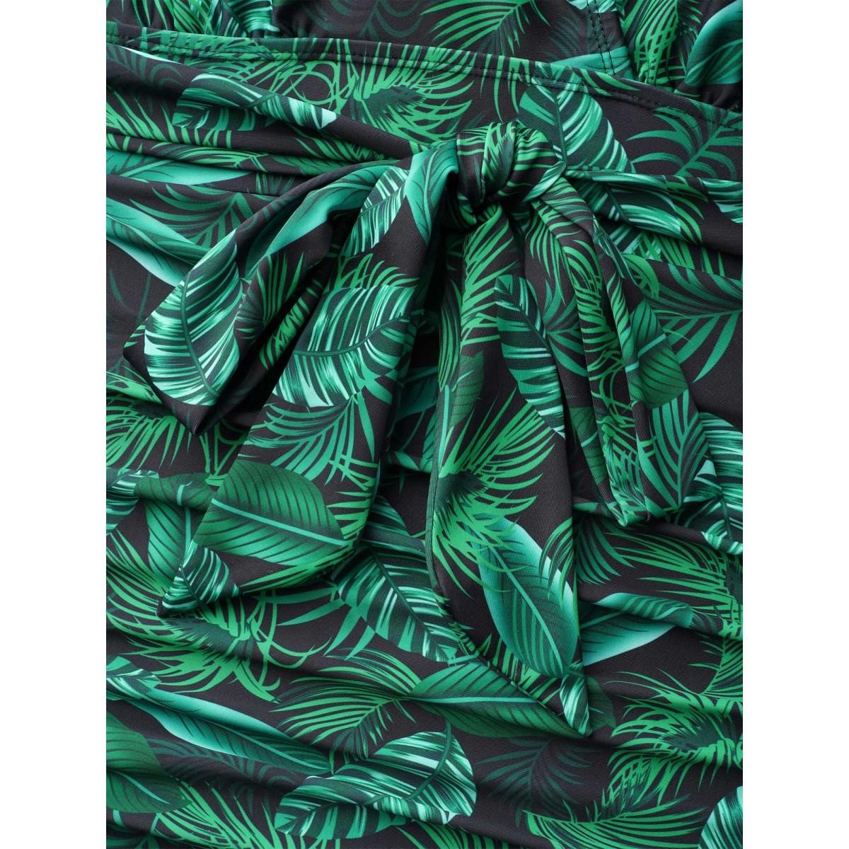 Plus Size Tropical Leaf Print One-Piece Swimsuit Women's Swimwear DarkGreen Beach Tie knot Curve Bathing Suits High stretch One Pieces BloomChic 26/4X Product Image