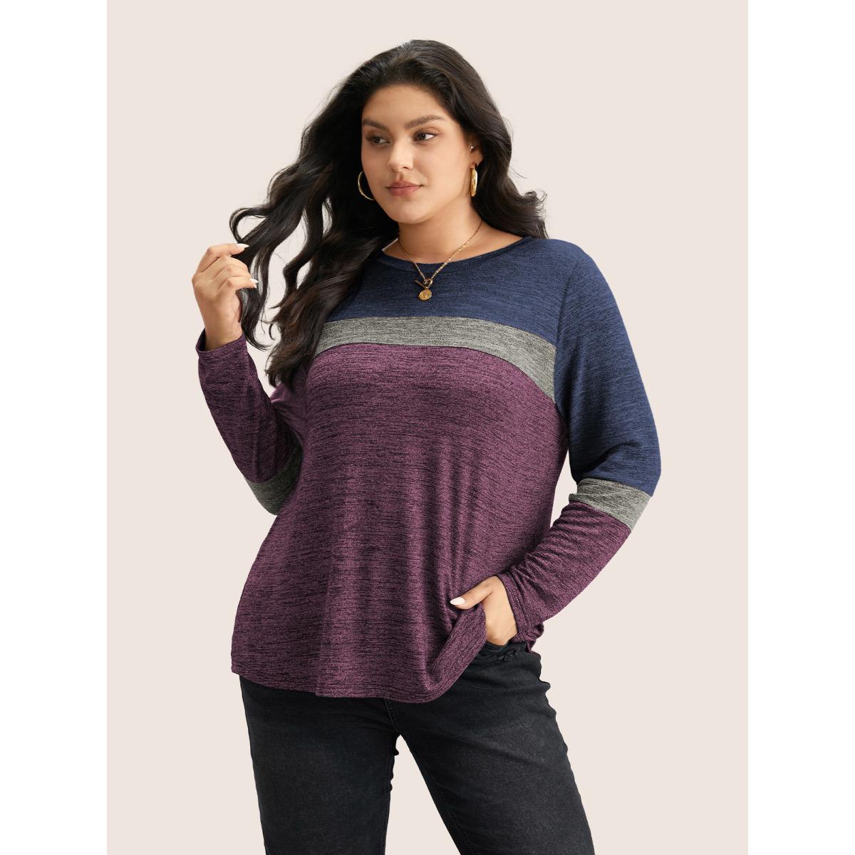 Plus Size Heather Colorblock Contrast Crew Neck T-shirt DarkBlue Women Leisure Texture Plain Round Neck Casual T-shirts BloomChic 22-24/3X Product Image