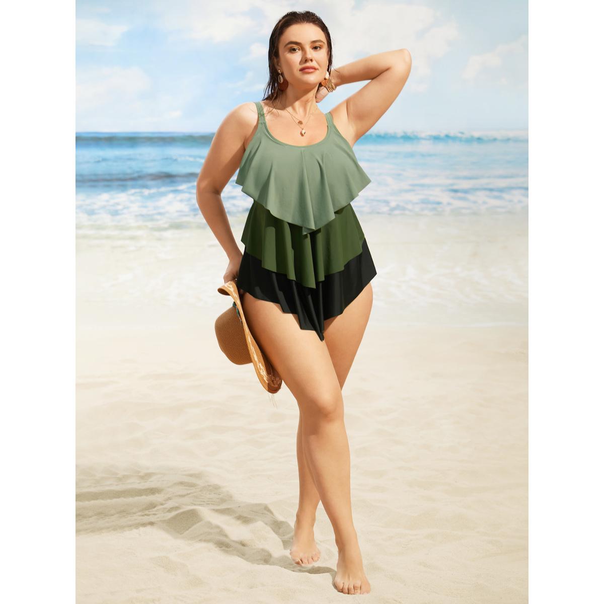 Plus Size U Neck Contrast Tiered Ruffles One Piece Swimsuit Women's Swimwear ArmyGreen Beach Tiered Curve Bathing Suits High stretch One Pieces BloomChic 14-16/1X Product Image