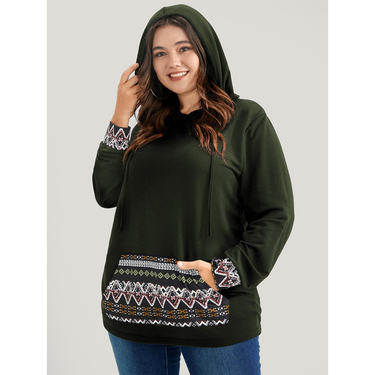 Plus Size Geometric Print Pocket Drawstring Hooded Sweatshirt Women ArmyGreen Vacation Patchwork Hooded Dailywear Sweatshirts BloomChic 10/M Product Image