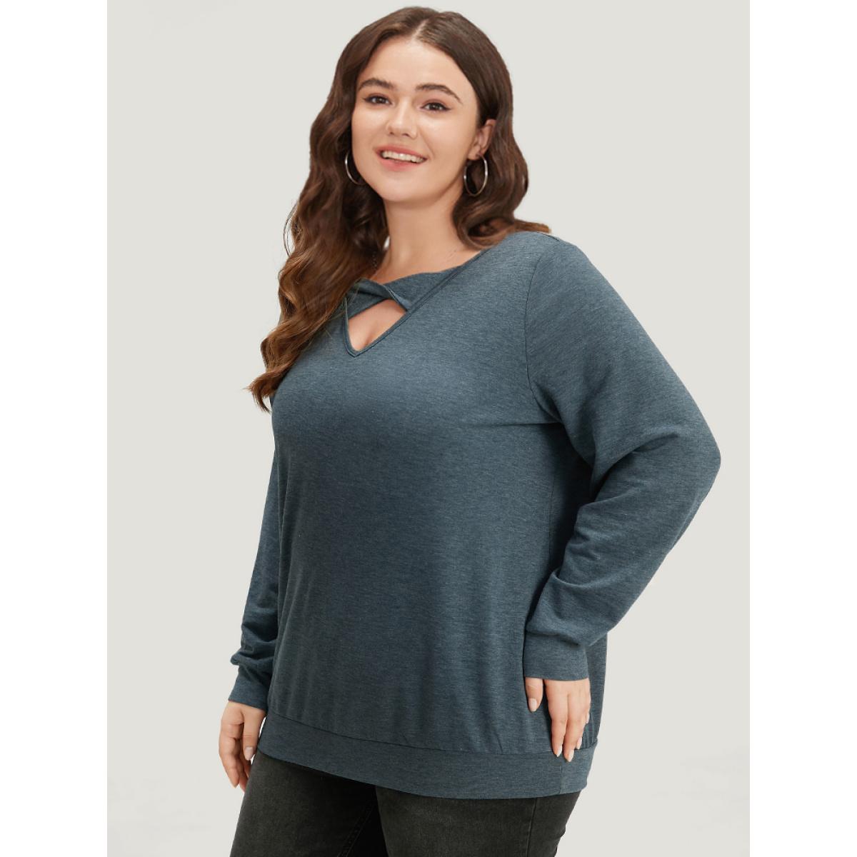 Plus Size Plain Twist Front Keyhole Sweatshirt Women Navy Casual Plain V-neck Dailywear Sweatshirts BloomChic 12/L Product Image
