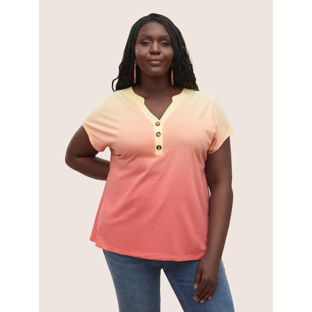 Plus Size Ombre Contrast Batwing Sleeve T-shirt OrangeRed Women Resort Contrast Ombre Notched collar Vacation T-shirts BloomChic 14-16/1X Product Image