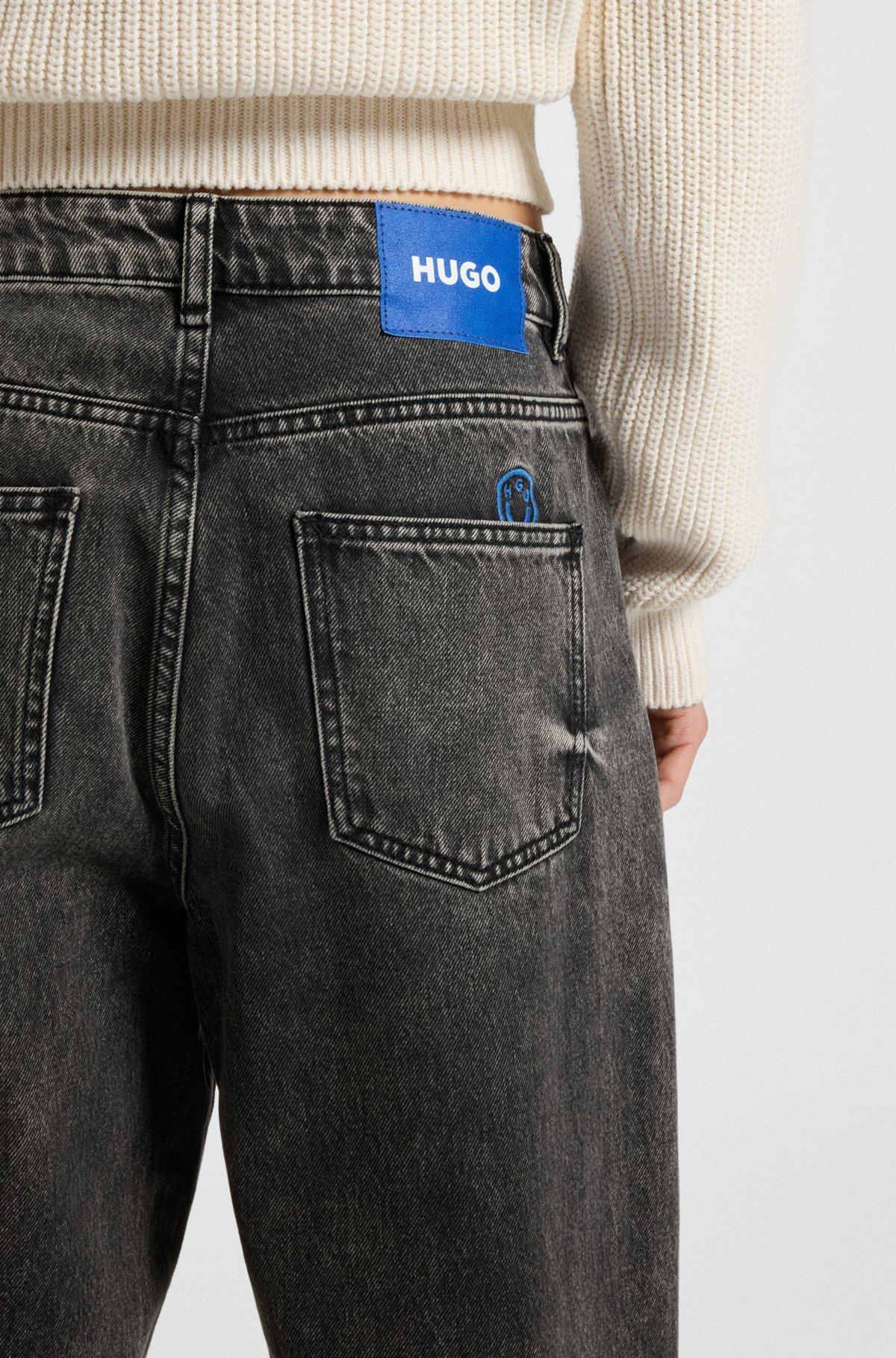HUGO - Relaxed-fit jeans in distressed rigid denim - Black Product Image