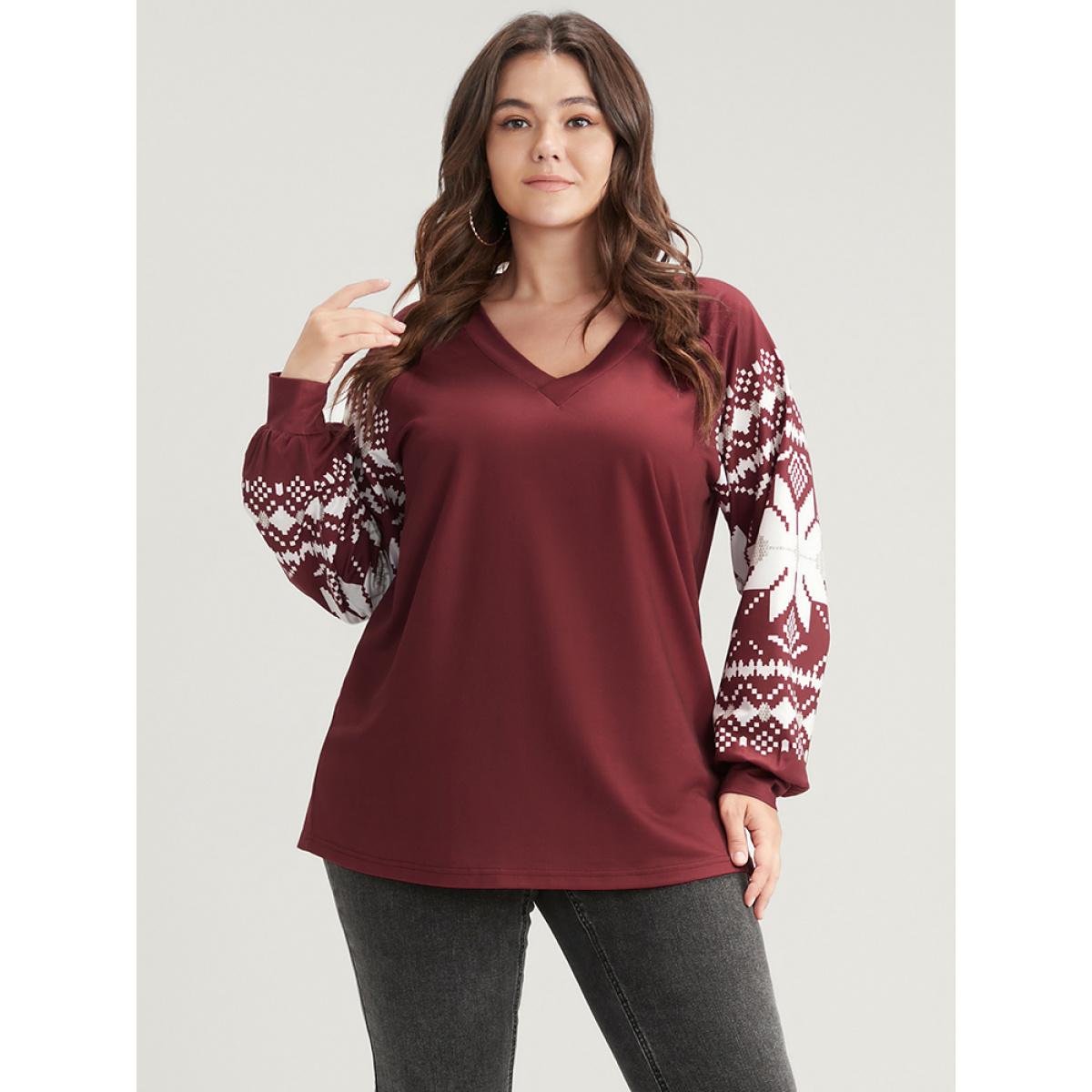 Plus Size Snowflake Print V Neck Drop Shoulder Sweatshirt Women Scarlet Casual Contrast V-neck Festival-Christmas Sweatshirts BloomChic 12/L Product Image